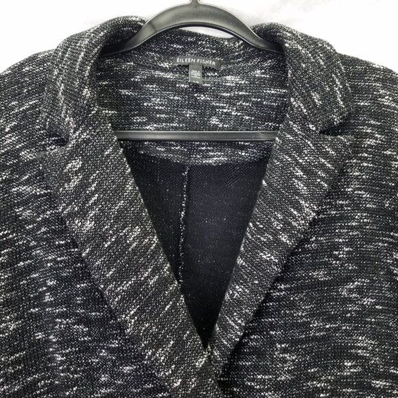 Eileen Fisher Tweedy Blazer Women L Black Fleck Notch Collar Organic Cotton Knit - Picture 2 of 16
